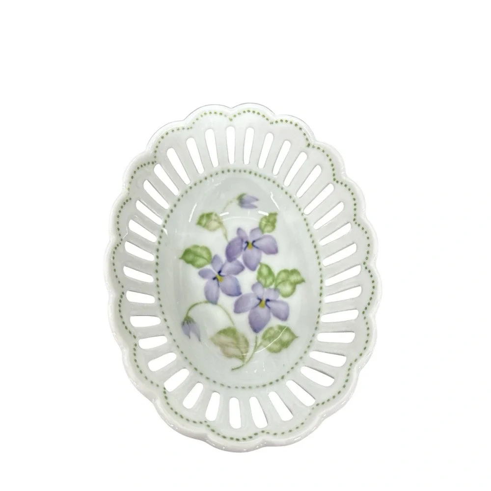 Vintage Andrea by Sadek Oval Reticulated Trinket Dish‎ Purple Floral Porcelain